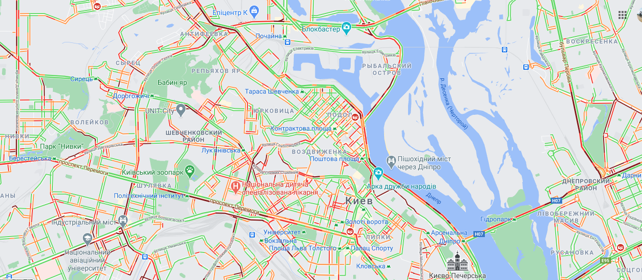 Пробки в Киеве 22 февраля. Скриншот гугл мэпс