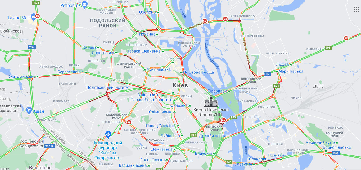 Пробки в Киеве 16 апреля. Скриншот Гугл мэпс